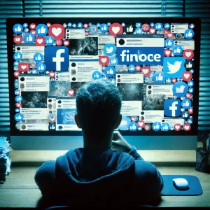 A person staring blankly at a cluttered social media screen, reflecting overwhelm.