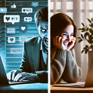 A split image contrasting digital stress with offline calm and peace.