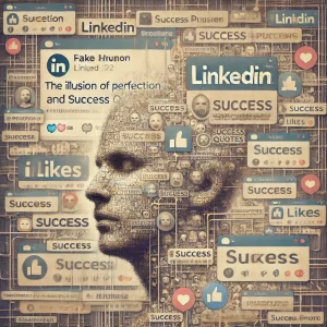 A stylized, faded LinkedIn-style interface symbolizing pressure and illusion.