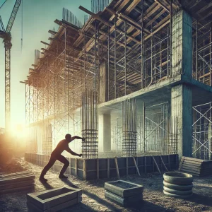 A construction site showing a partially damaged structure being rebuilt with scaffolding and workers reinforcing strong foundations.