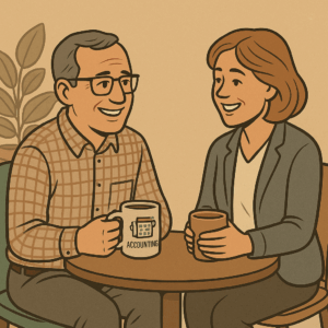 an image of an accountant sat with a counsellor both looking happy chatting over coffee sitting facing each other